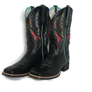 NWOT Western Leather Boots Black & Multi Color Cutouts Teal Trim - Ariat Size 10